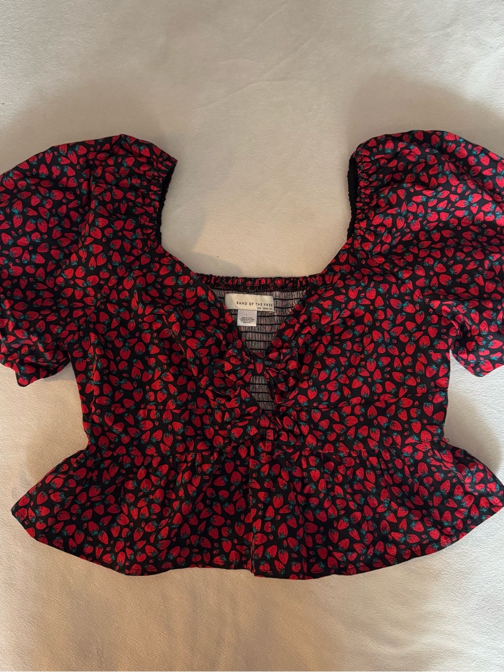 Band of The Free Red Strawberry Print Puff Sleeve Crop Top